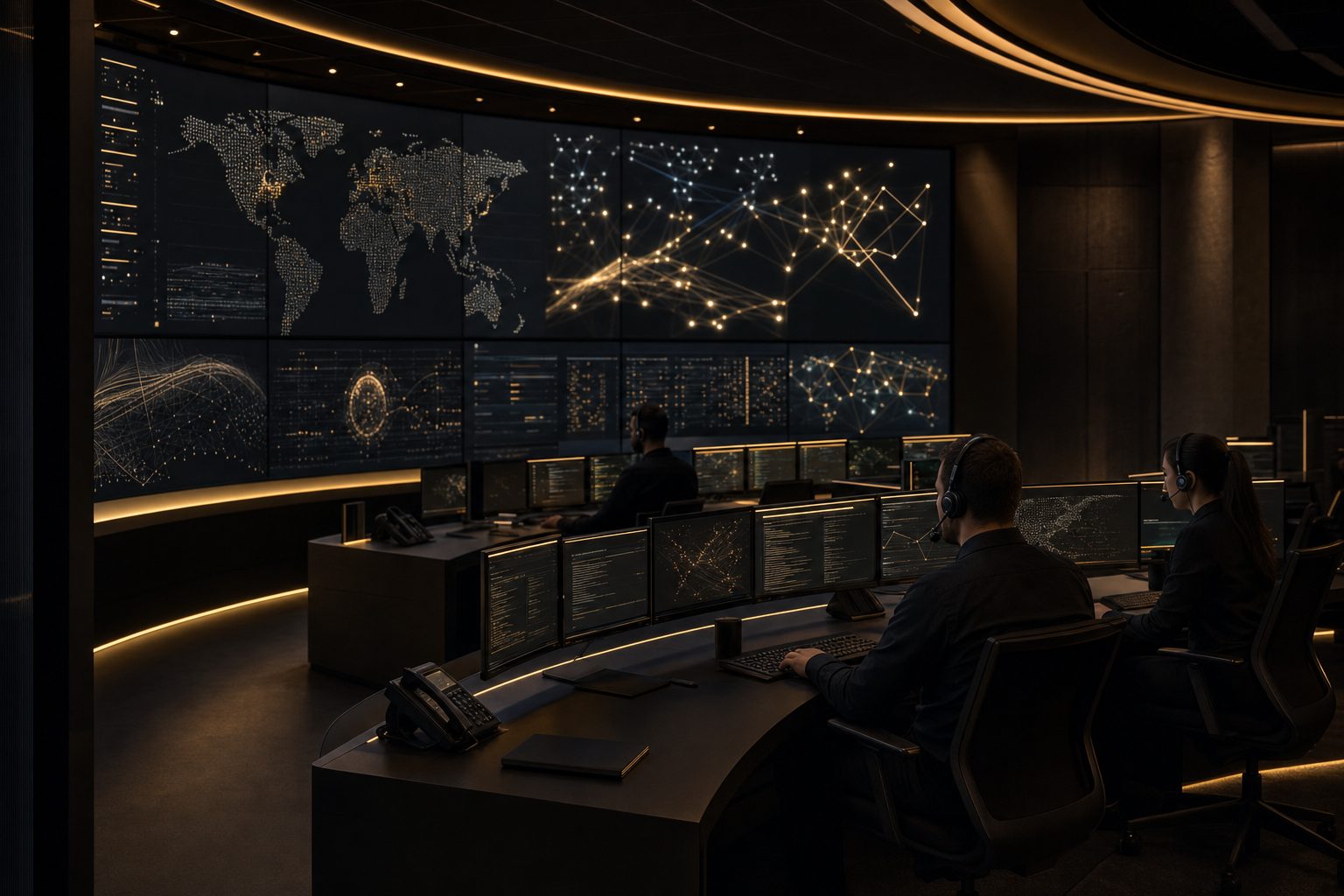 Palisade Global Partners security operations center with engineers monitoring live network and threat data across the United States